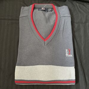 PGA TOUR v Neck Sweater Grey Red Striped 100% Creslax Size Large USA DEFECT READ